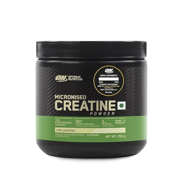 Optimum Nutrition (ON) Micronized Creatine Powder - 250 Gram, 83 Serves, 3g of 100% Creatine Monohydrate per serve, Supports Athletic Performance & Power, Unflavored.